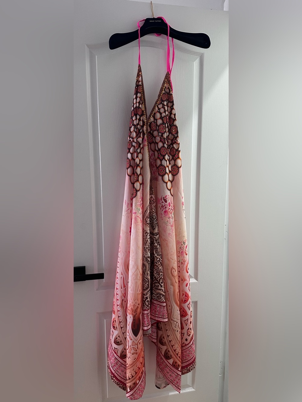 CELINA DRESS MULTICOLOR PRINTED VIBRANT PINK AND BROWN WITH STONES MADE IN INDIA